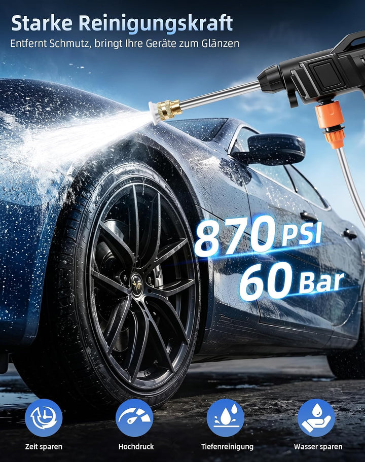 Akku Hochdruckreiniger kabellos, 60 Bar, 2x2000mAh, 5m Schlauch. Hochdruckreiniger akku für Auto/Gar