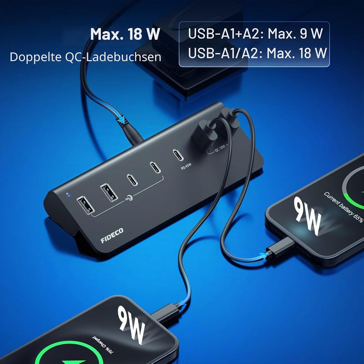 FIDECO 7-Ports 72W USB Hub mit Netzteil, USB Hub Aktiv mit 1 PD 45W, 2 QC 3.0 Charging Port und 4 US