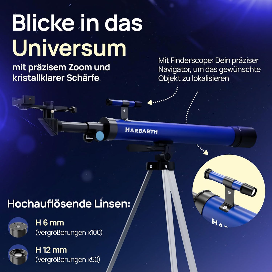 HARBARTH Teleskop Linsenteleskop + Okulare - Ideal für Erwachsene & Junge Astronomen - Fernrohr, Tel