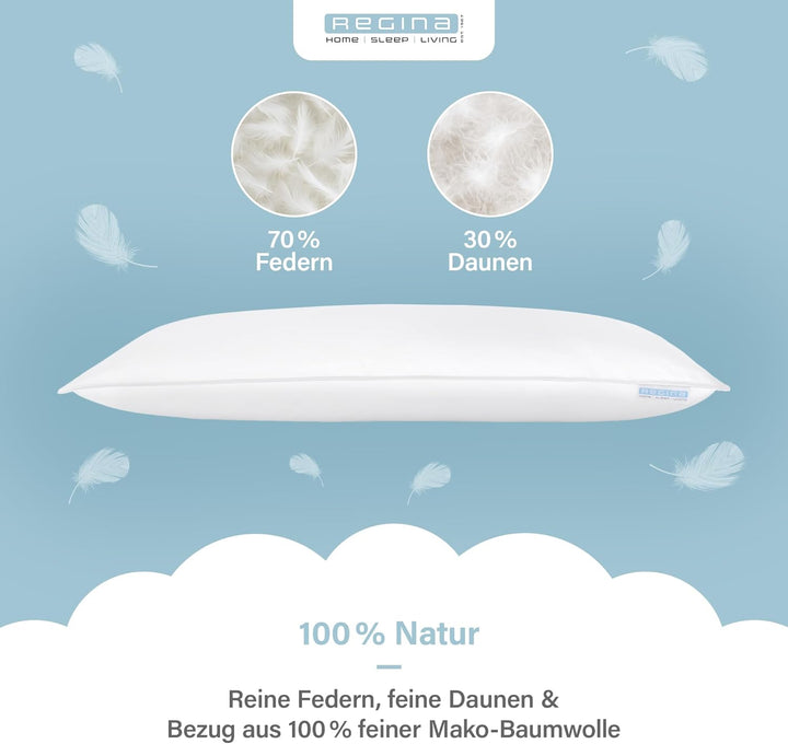 Regina Kopfkissen Doppelpack fest 40x80cm, 85% Federn 15% Daunen, 600g fest 2er Set 40 x 80 cm, fest