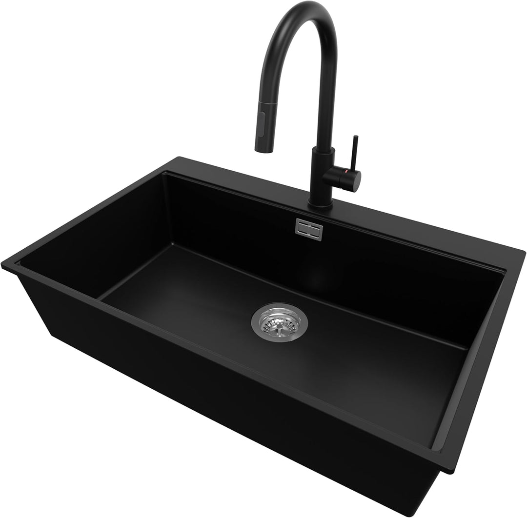 PRIMAGRAN Granitspüle Schwarz 78x50cm, Spülbecken 1 Becken + Ablauf-Set + Küchenarmatur 40x22cm, Küc