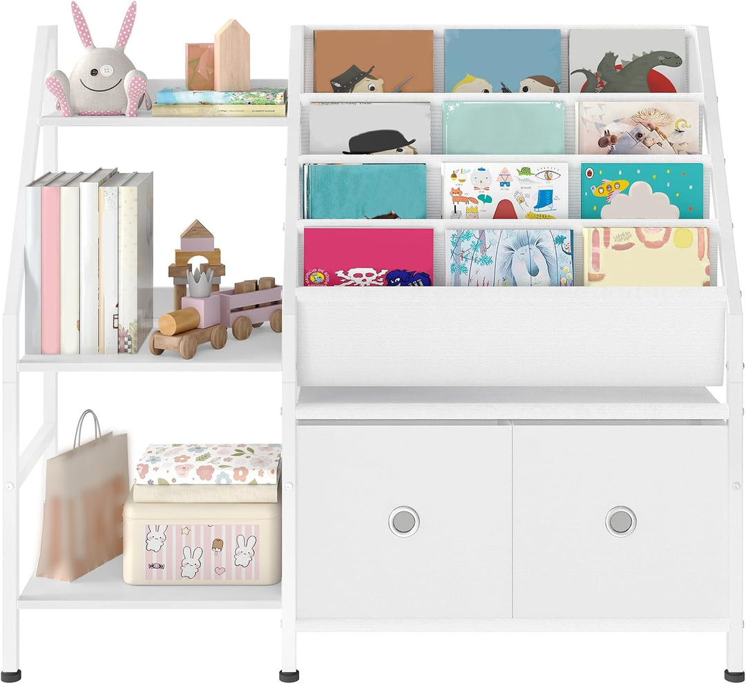 Bücherregal Kinder, Kinderregal, Kinderspielzeug Regal, Spielzeug Aufbewahrung mit 4 Hängetaschen, 3