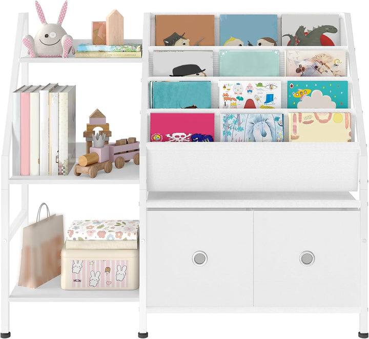 Bücherregal Kinder, Kinderregal, Kinderspielzeug Regal, Spielzeug Aufbewahrung mit 4 Hängetaschen, 3