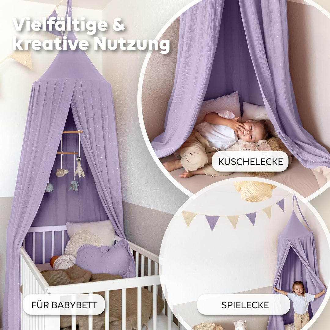 lilimaus Baldachin Kinderzimmer mit Goldapplikation [in 12 Farben] Betthimmel aus 100% Baumwolle Mus