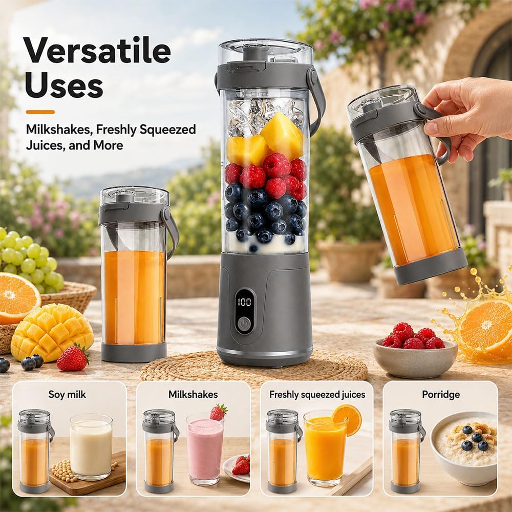600ml Tragbarer Mixer Smoothie Maker to Go,USB-C Wiederaufladbarer Blender | Mini Standmixer mit LED