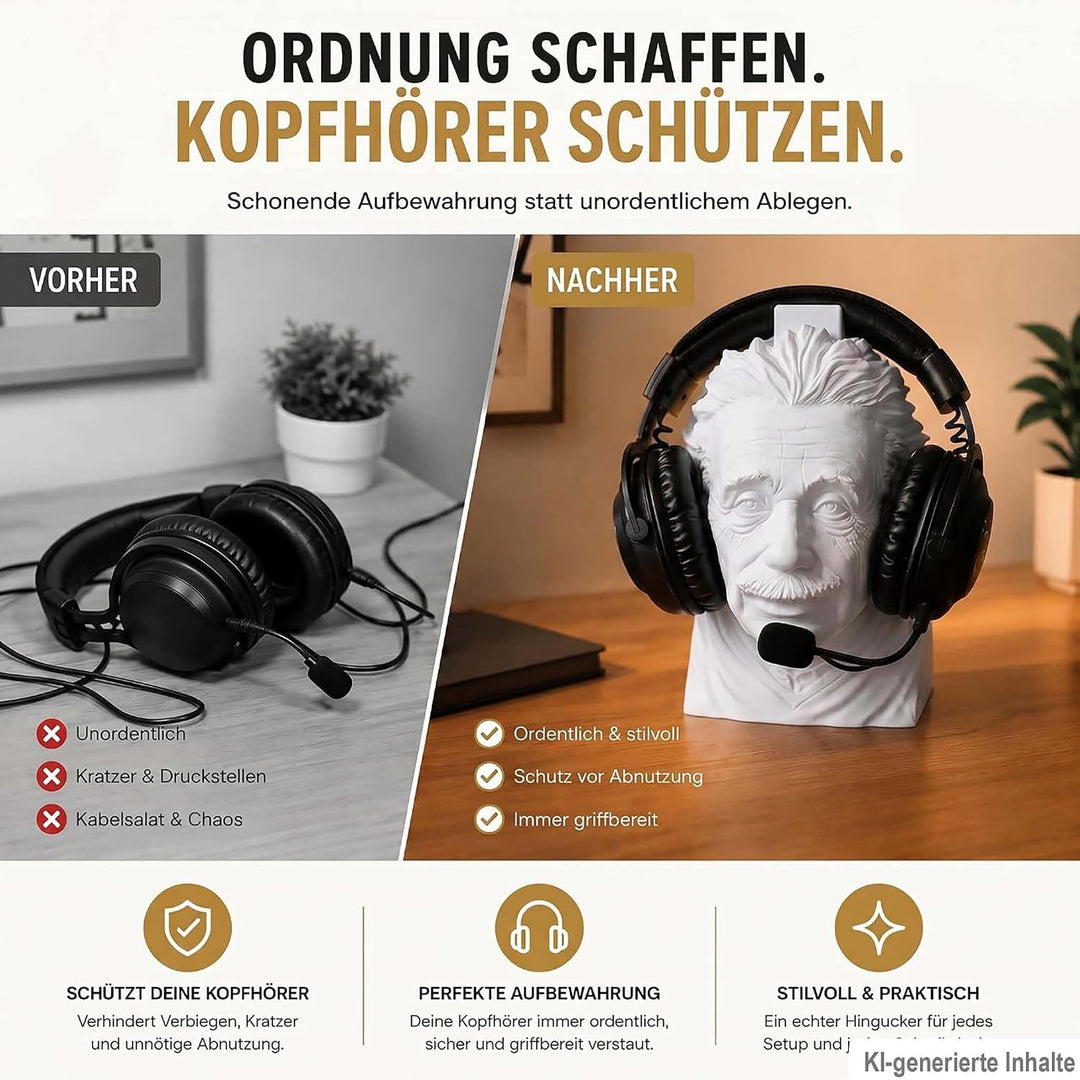 Einstein Kopfhörerhalter – Headset Ständer für Kopfhörer &amp; Headsets – Büste Schreibtisch Deko &amp; witz