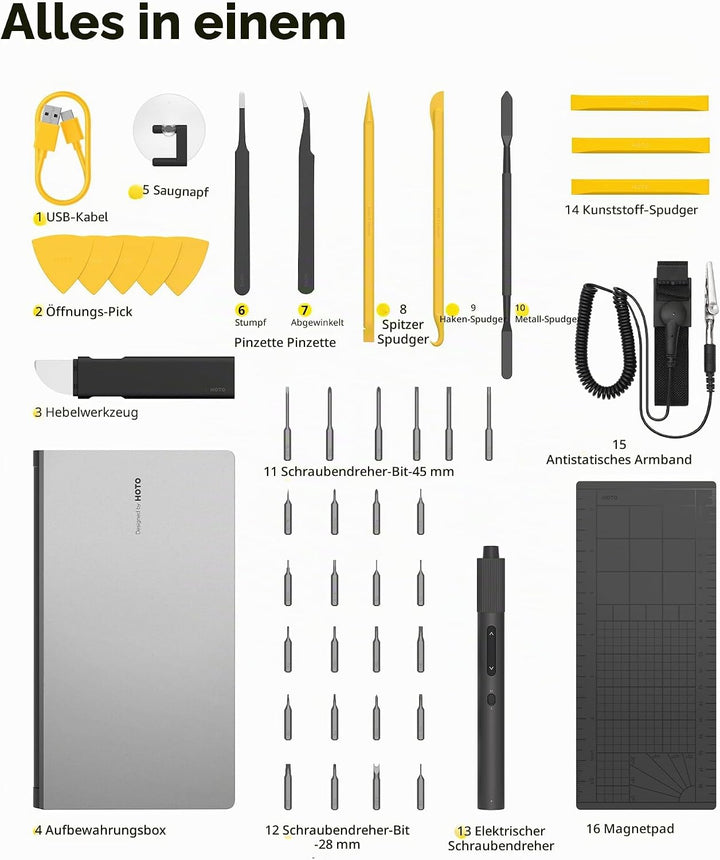 HOTO Mini Elektrischer Schraubendreher Pro, 48 in 1 Feinmechaniker Set mit Öffnungs-Werkzeug &amp; Präzi