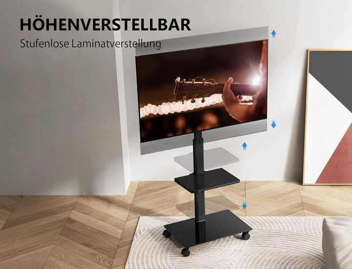 FITUEYES TV Ständer Rollbar TV Rollwagen 2 Ablagen Standfuss Fernsehstand mit Regal höhenverstellbar