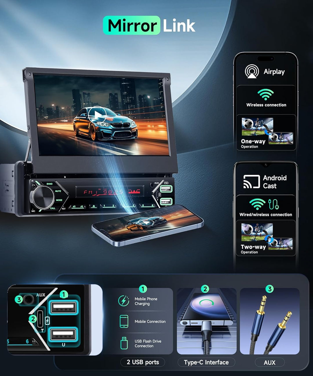 VECHTEL DAB/DAB+ Autoradio Carplay Android Auto Wireless mit 7 Zoll elektrisch einziehbarem Bildschi