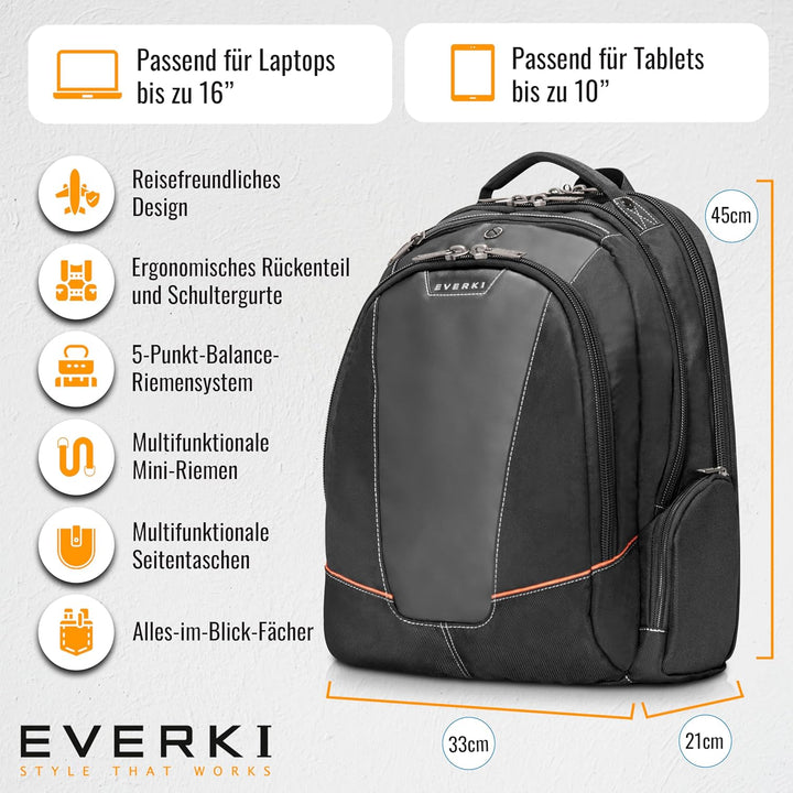 Everki Flight Business Laptop Rucksack 28,5 L für 16-Zoll Laptops – geräumiger Reise- & Arbeitsrucks