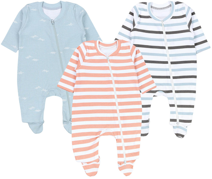 TupTam Unisex Schlafstrampler 3er Pack Baumwolle mit Reissverschluss 56 Streifen Beige Grau Blau, 56
