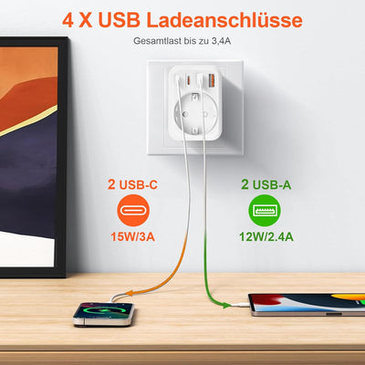 2 Pack USA Adapter Steckdose, 5-In-1 Adapter USA Deutschland Stecker mit 1 AC 2 USB-C 2 USB-A (3.4A)