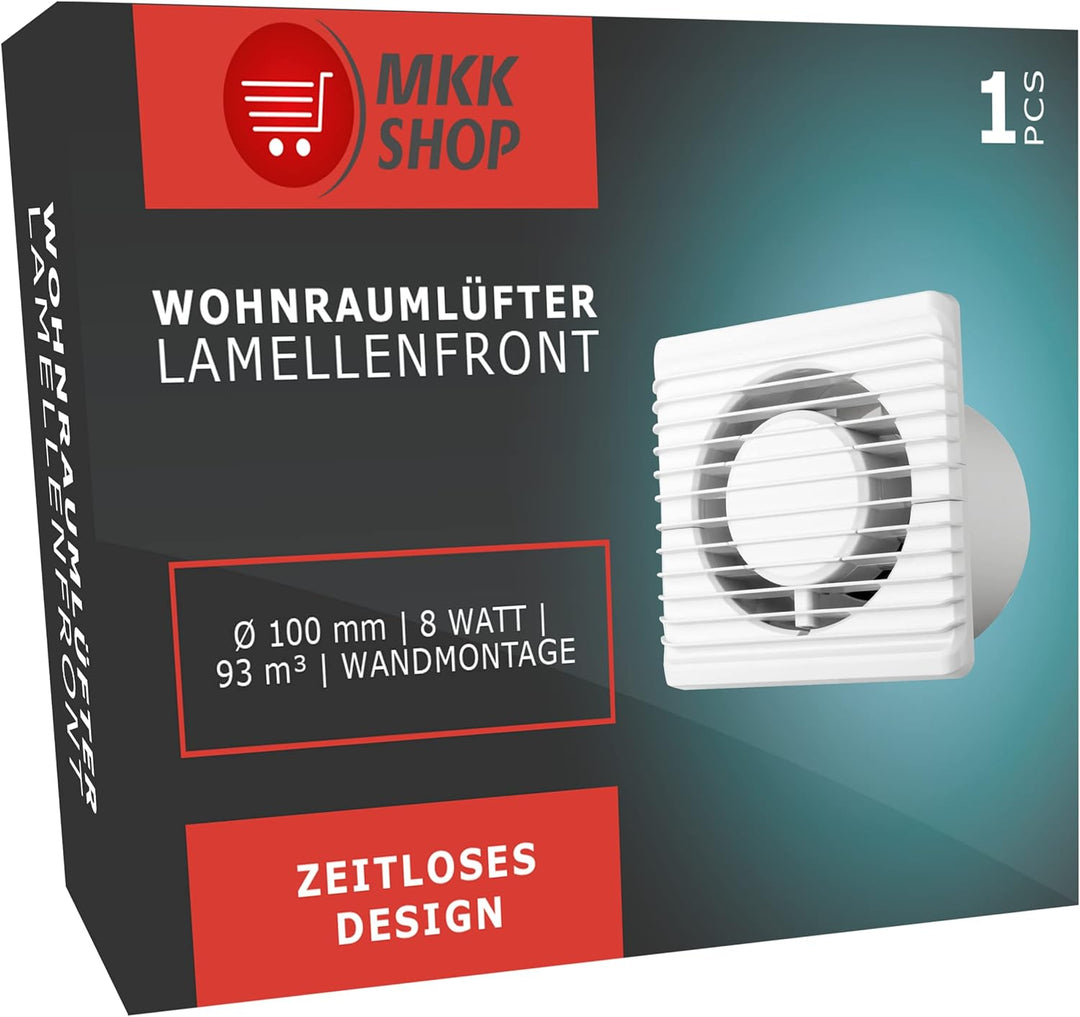 MKK Badlüfter Wohnraumlüfter Ø100 mm – Leiser Bad- & WC-Ventilator, Wandlüfter Standard Weiss – Ener