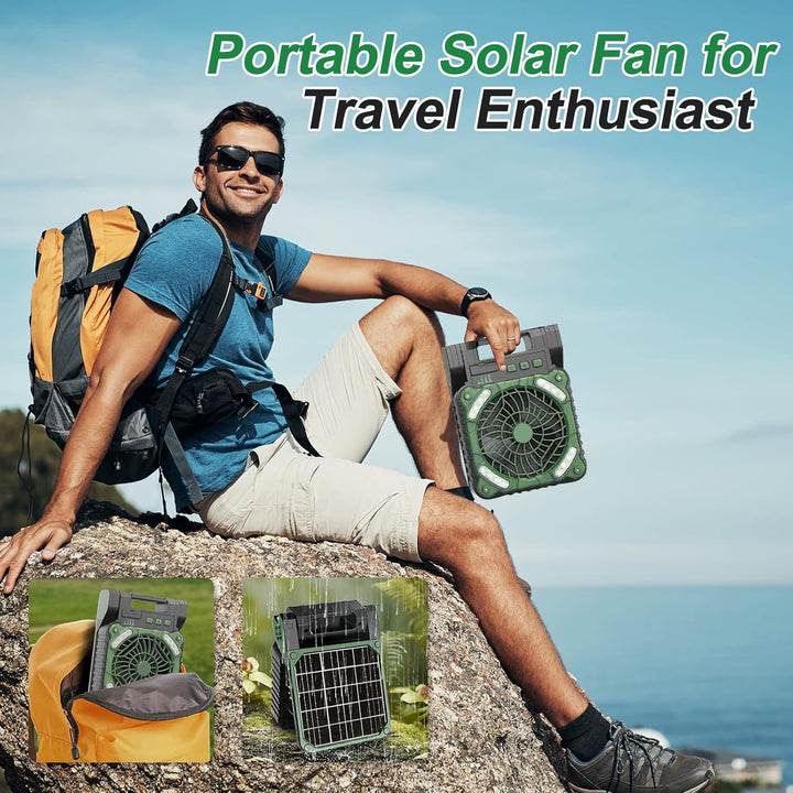 Camping Ventilator mit Akku 10400mAh, Solar Ventilator Outdoor mit LED-Licht, 4 Geschwindigkeiten Tr