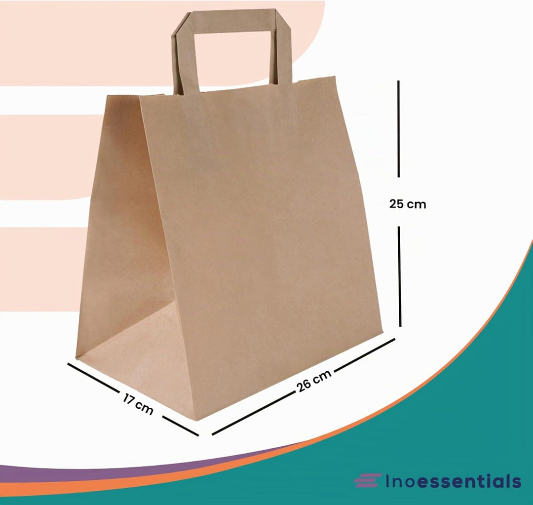 Inoverse 250 Stück Papiertragetaschen, Geschenktüten, 26+17x25 cm Papiertüten mit Henkel, Braun Kraf