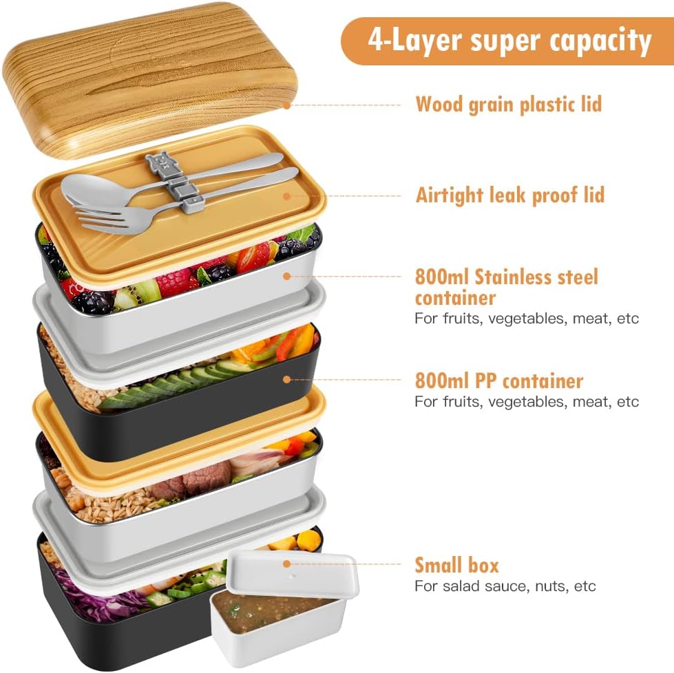 Bento Box Schwarz, Lunchbox Brotdose mit Fächern 2 Ebenen mit 2 Stück Umweltfreundlichen PP & Edelst
