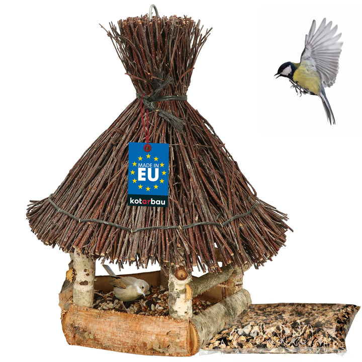 KOTARBAU® Holz-Vogelfutterhaus mit Reet eingedeckt Birke zum Aufhängen + 0,5 kg Futter Gratis