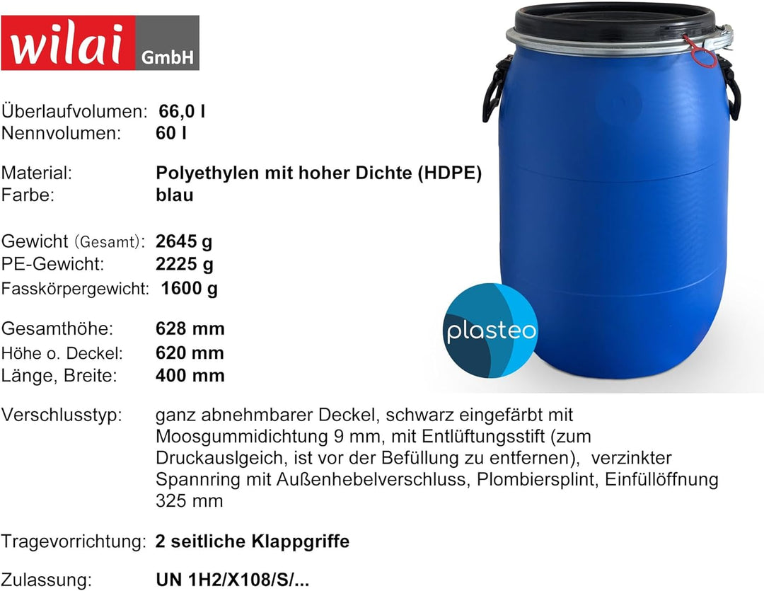 Kanister, Inhalt: 60 l, Durchmesser 400 mm x Höhe 640 mm