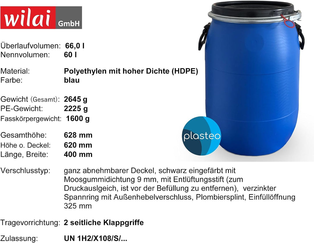 plasteo® 60 Liter Deckelfass Weithalsfass mit Spannverschluss | Futtertonne | Universalfass | Lagerf