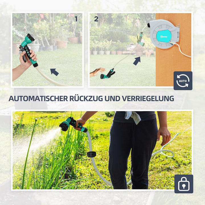 Outsunny Schlauchtrommel mit Gartenschlauch 20m, 180° schwenkbar Schlauchbox, Schlauchaufroller zur