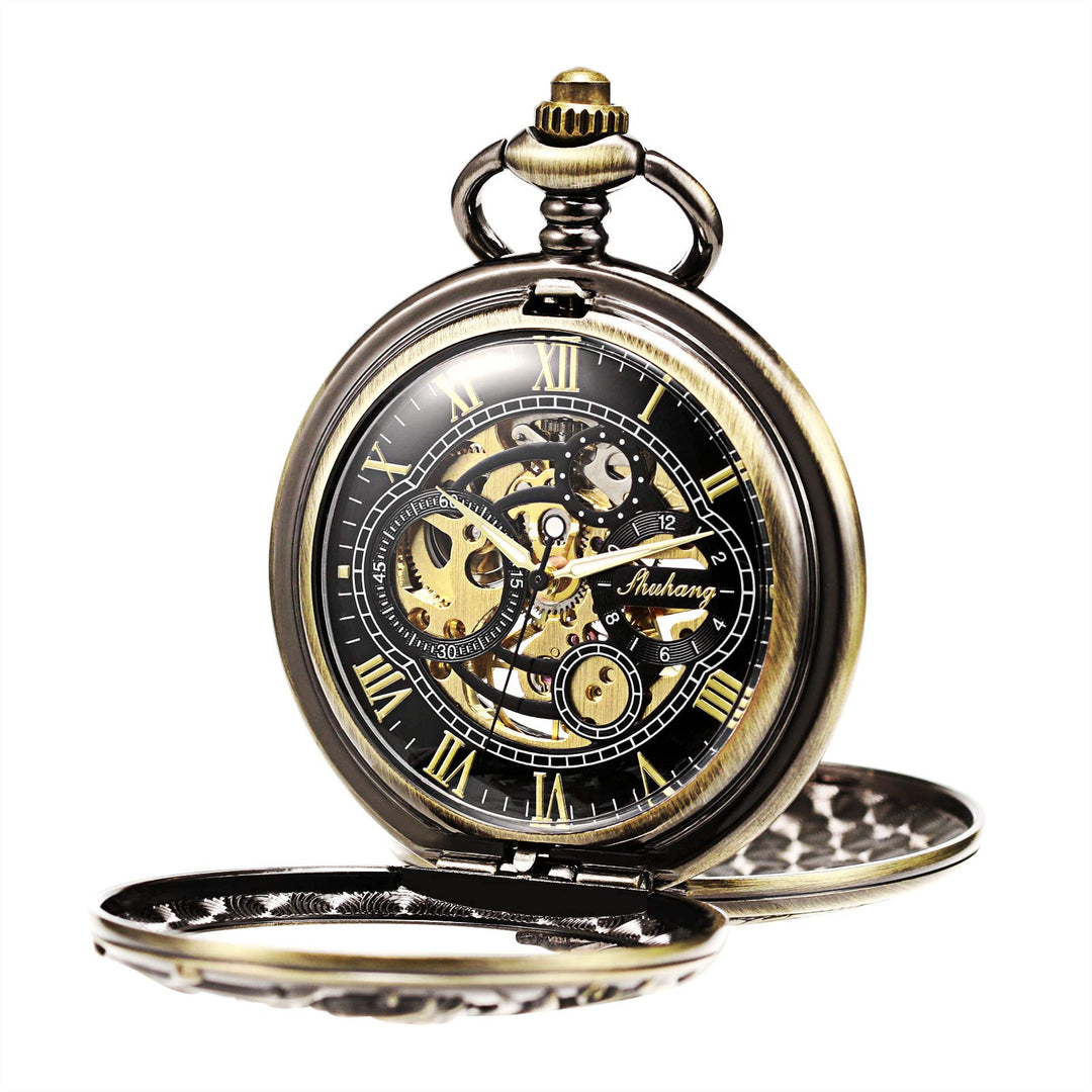 TREEWETO Unisex Taschenuhr mit Kette Analog Handaufzug Doppelscharnier Antik Drache Skelett Bronze 2