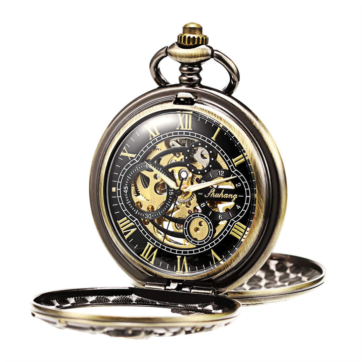 TREEWETO Unisex Taschenuhr mit Kette Analog Handaufzug Doppelscharnier Antik Drache Skelett Bronze 2