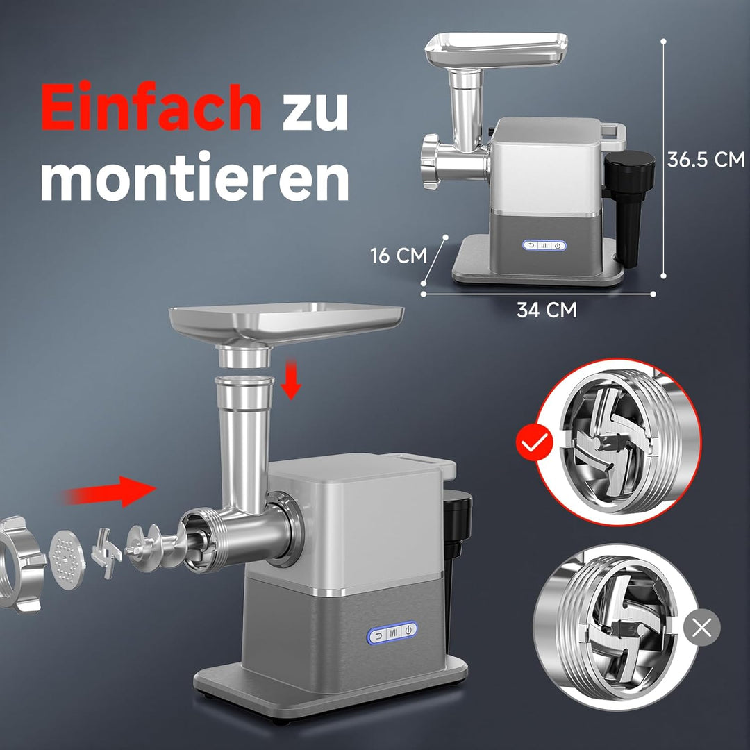AAOBOSI Leiser Fleischwolf Elektrisch, 3000W Max Mit DC-Motor, Nur 60 dB, Auto-Rücklauf & Verstaubar