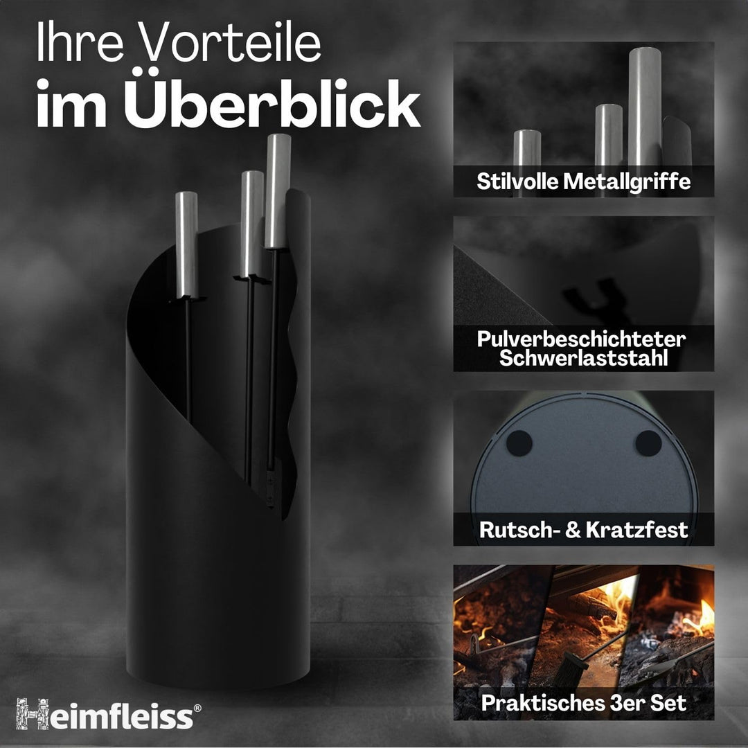 Heimfleiss® Kaminbesteck Schwarz Modern | Ofenbesteck Kaminbesteck Set | Kaminzubehör mit Edelstahl