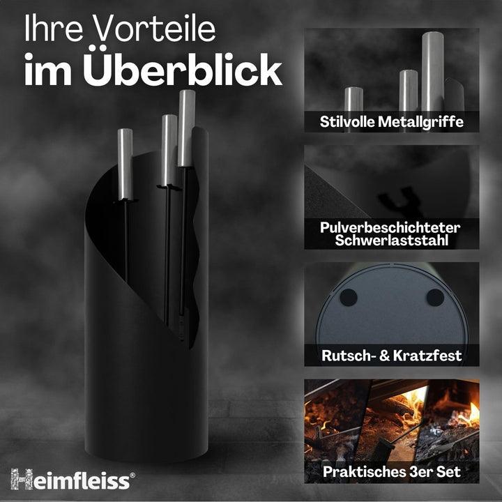 Heimfleiss® Kaminbesteck Schwarz Modern | Ofenbesteck Kaminbesteck Set | Kaminzubehör mit Edelstahl