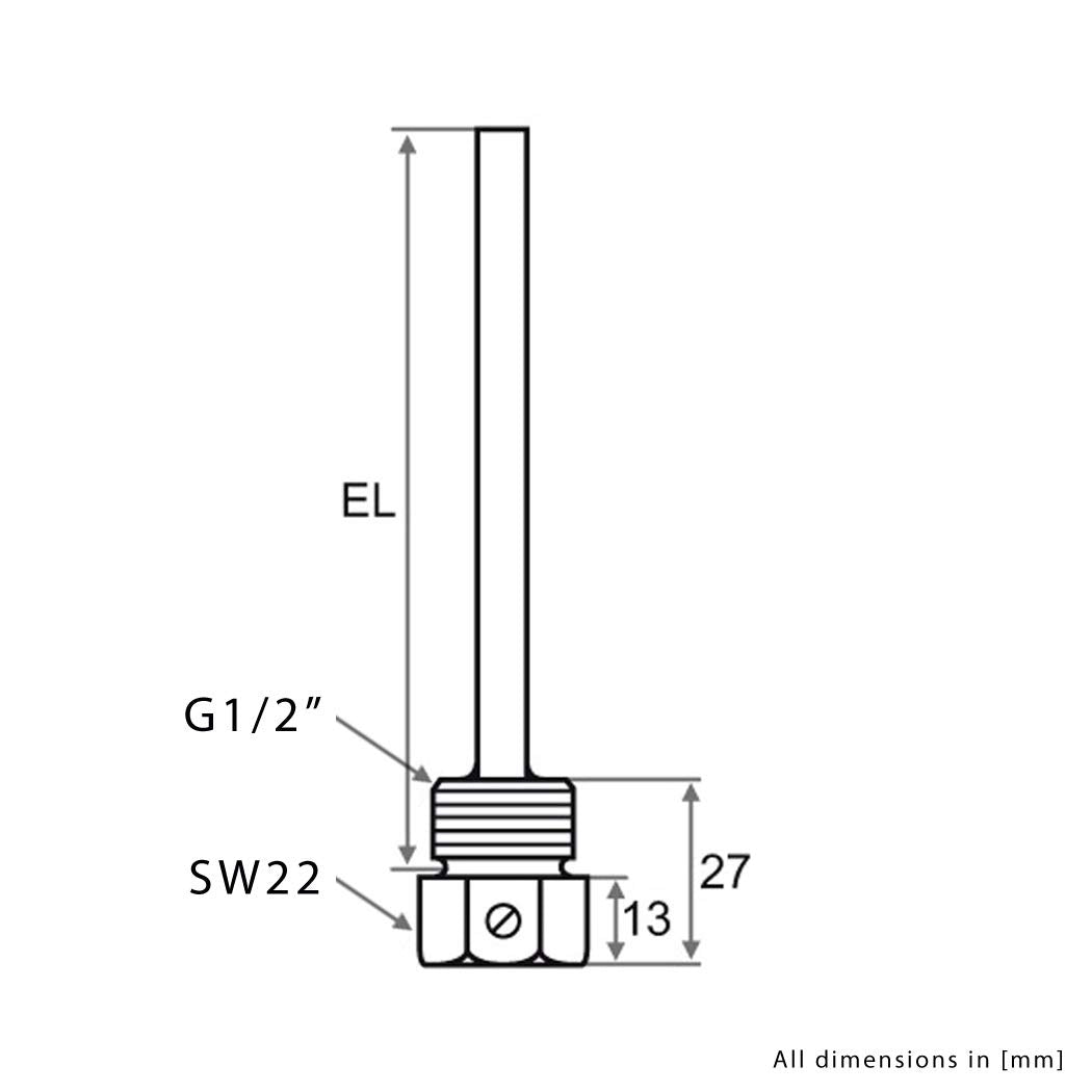 iOVEO Tauchhülse Edelstahl V4A, G 1/2 Zoll, Einbaulänge 50mm für Temperaturfühler 6mm Heizung bis 60