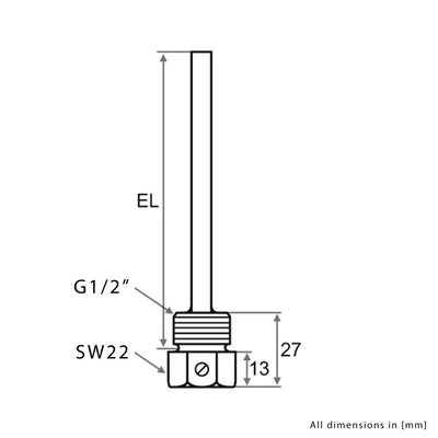 iOVEO Tauchhülse Edelstahl V4A, G 1/2 Zoll, Einbaulänge 50mm für Temperaturfühler 6mm Heizung bis 60