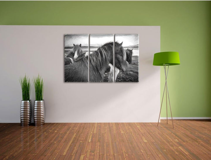 Pixxprint Herde aus Wildpferden als Leinwandbild/Grösse: 3 Teilig (120x80 cm) cm/Wandbild/Kunstdruck