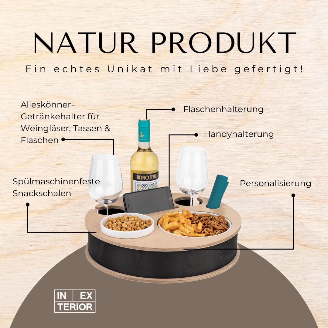 INEXTERIOR – Couchbar RundumBar handgefertigt aus Holz in Schwarz mit Wunschgravur – Runde Snack Box