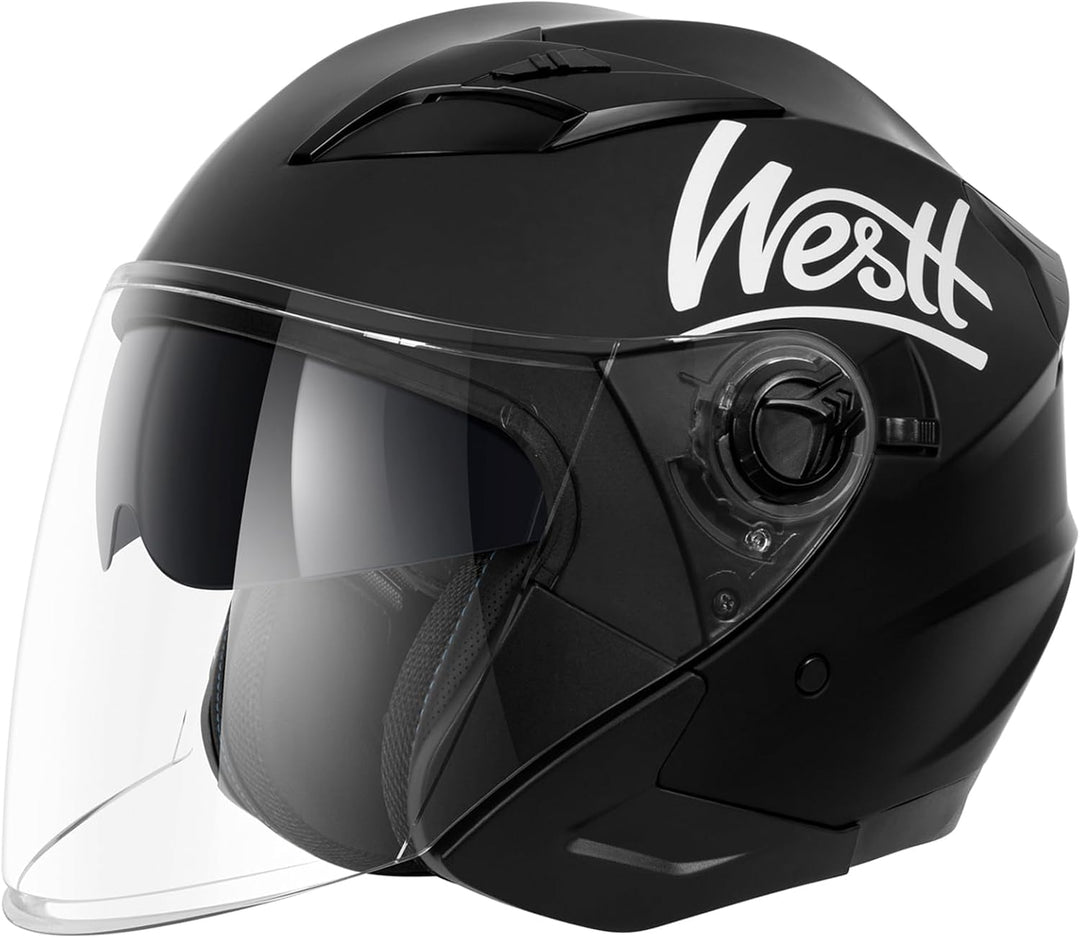 Westt Jethelm mit Visier und Sonnenblende Motorradhelm Herren Damen Rollerhelm Mopedhelm Mofa Choppe