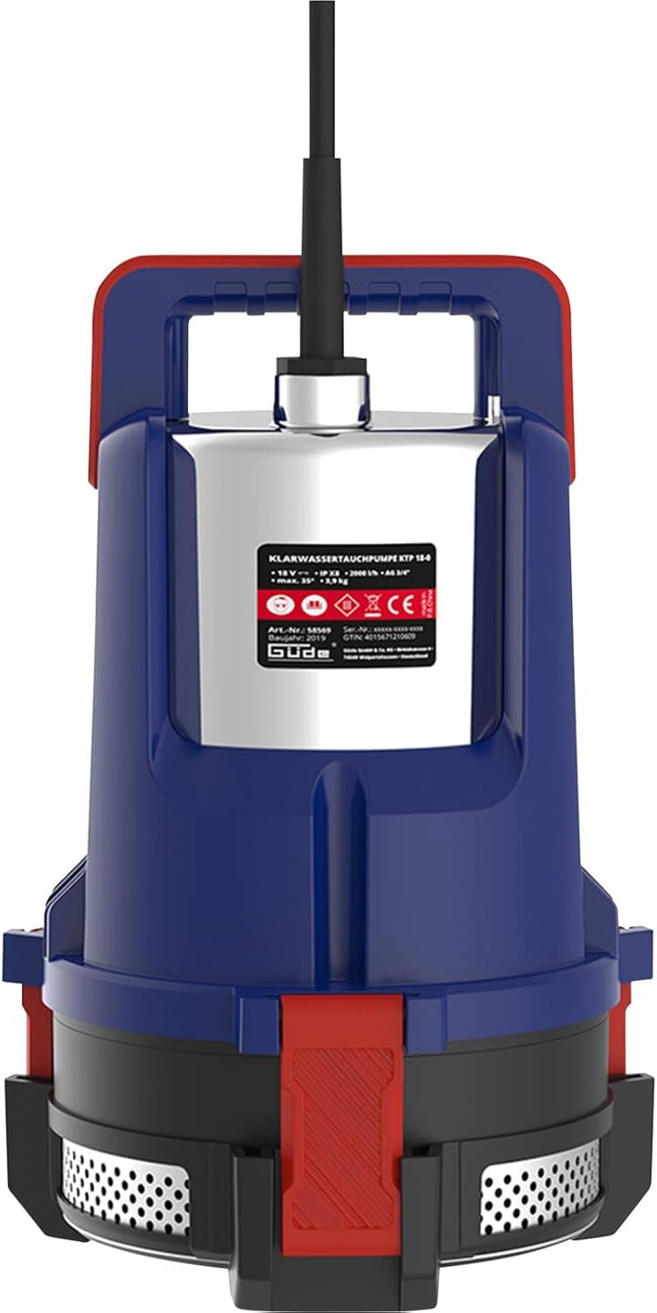 Güde 58568 Akku Klarwassertauchpumpe KTP 18-201-23, 2000 l/h, 2,0 Ah, 7 m Förderhöe