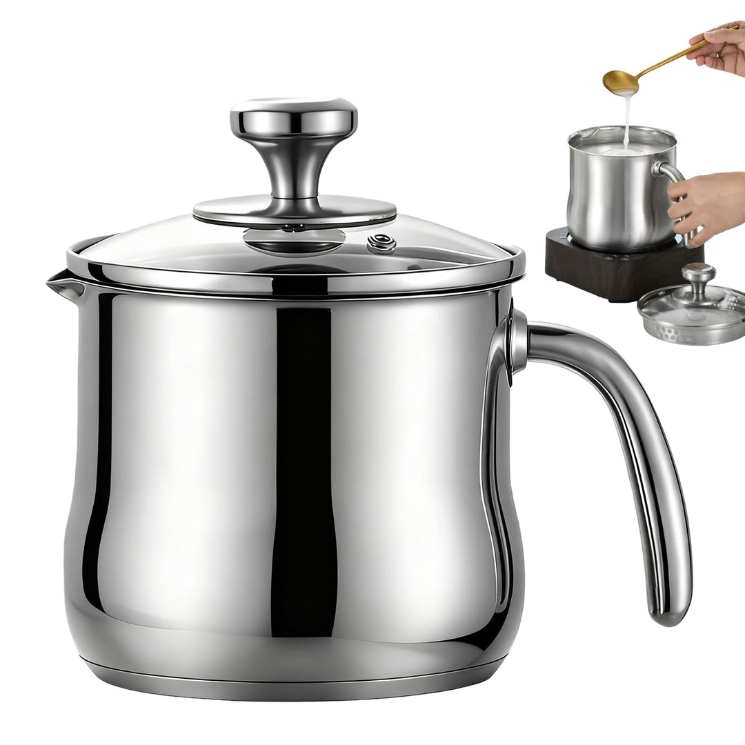 Milchtopf Induktion mit Glasdeckel 14 cm, Milchkochtopf, Simmertopf 2L, Doppelwandig Milchtopf Edels