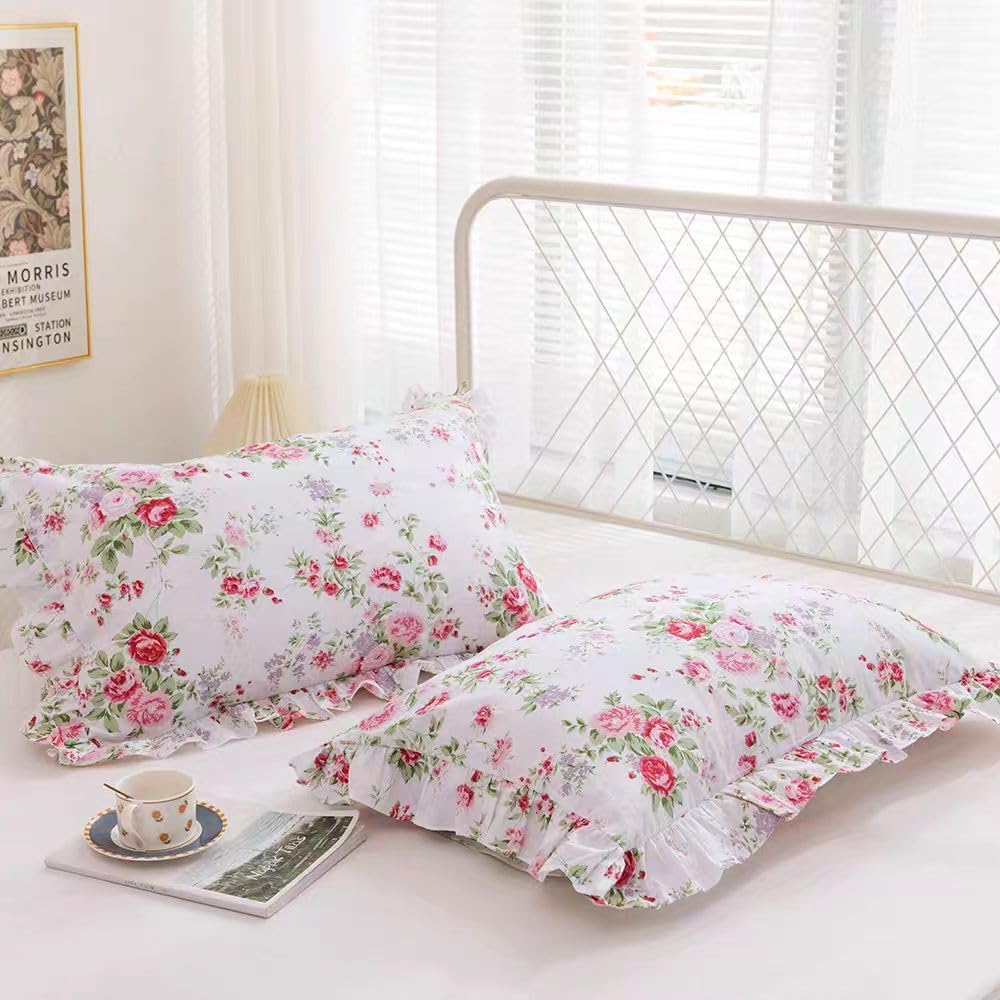 Meaning4 Kissenbezüge mit Rosen-Blumenmuster, mit Rüschen, Shabby Chic, Queen-Size-Kissenbezüge, 50