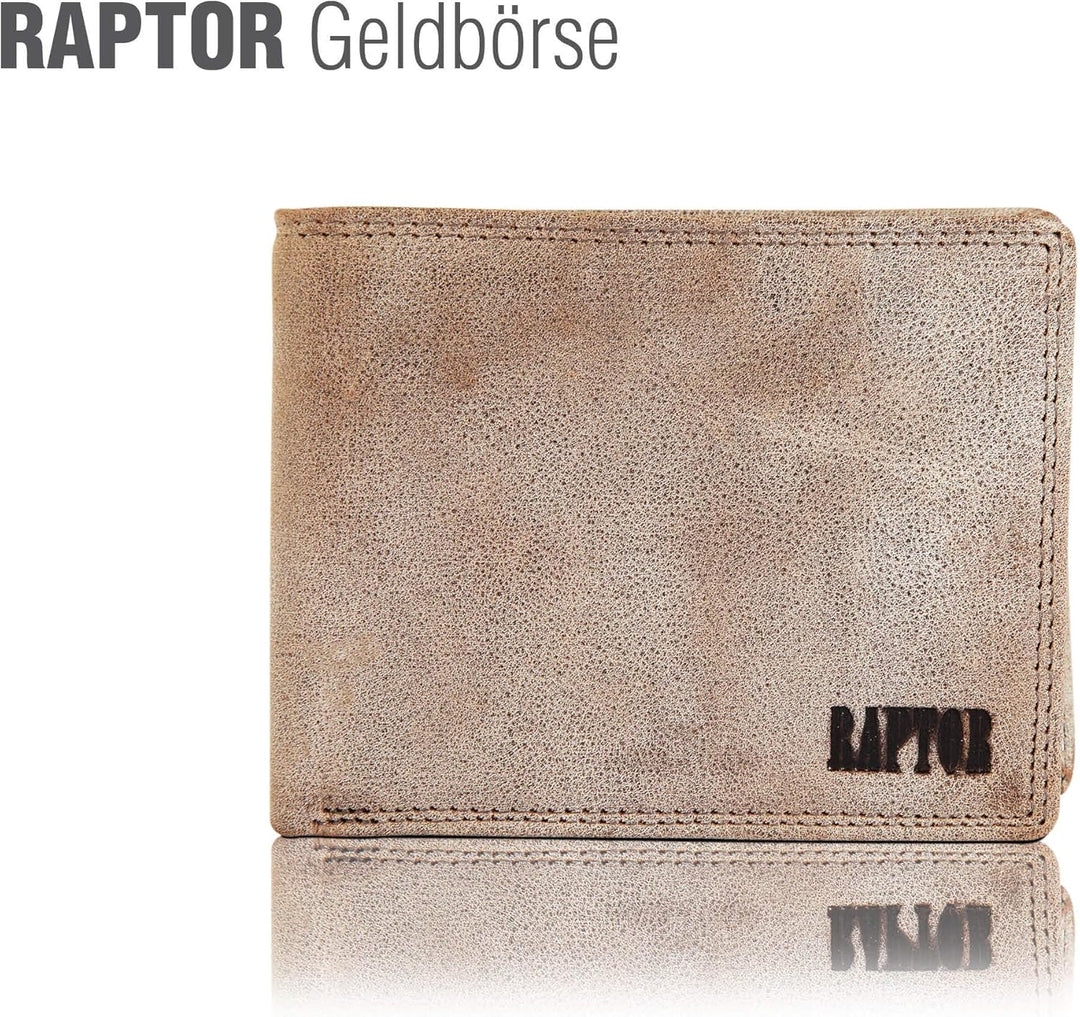 Raptor Herren-Geldbörse Echtleder Used Look Querformat grau 12x9 cm RA40003, Grau