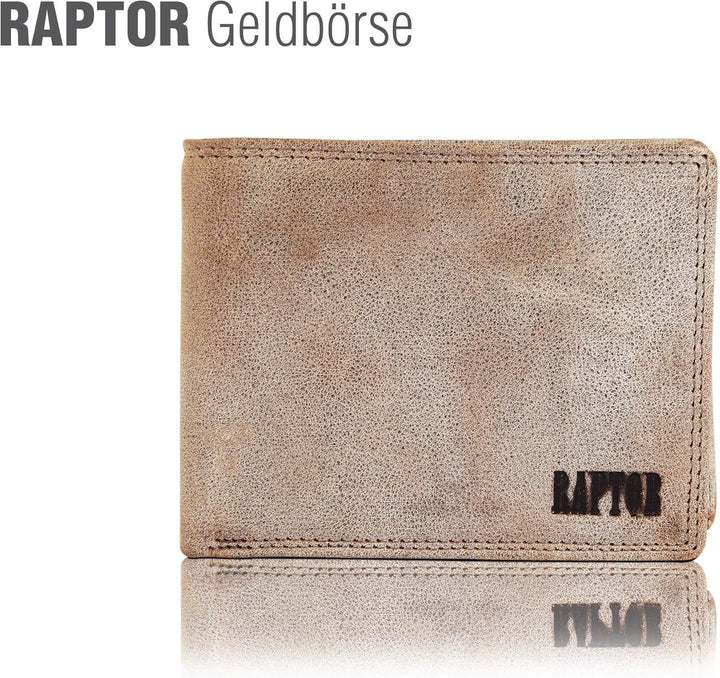 Raptor Herren-Geldbörse Echtleder Used Look Querformat grau 12x9 cm RA40003, Grau