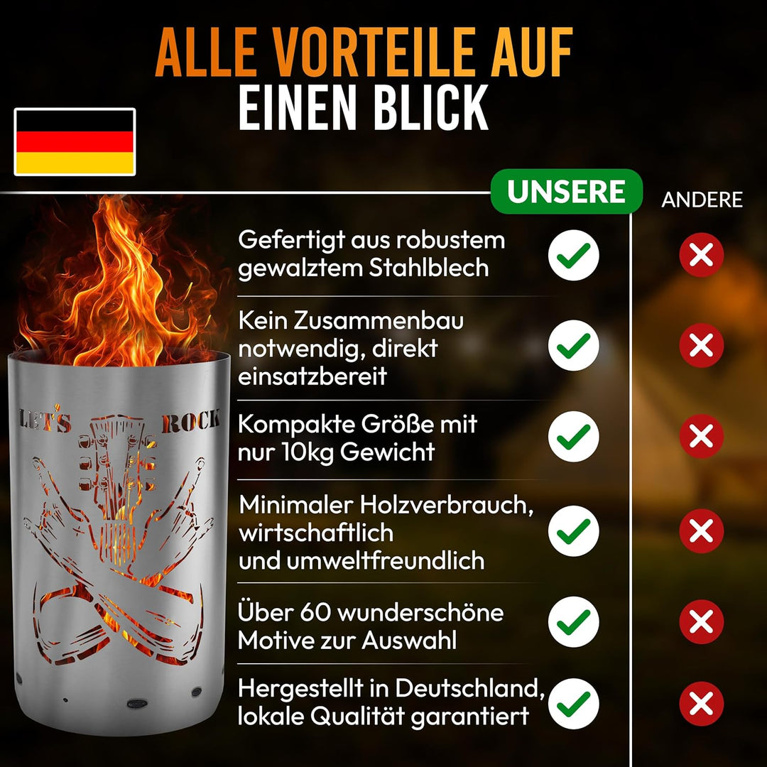TiKo-Design® Feuertonne - Lagerfeuertonne - Feuerkorb mit Let`s Rock Motiv – Verleihen Sie Ihrem Gar
