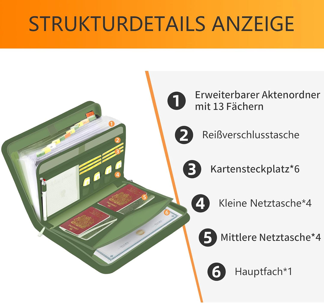 JUNDUN Fächermappe - Dokumentenmappe a4 mit mehreren Fächern - Feuerfest Dokumententasche mit Reissv