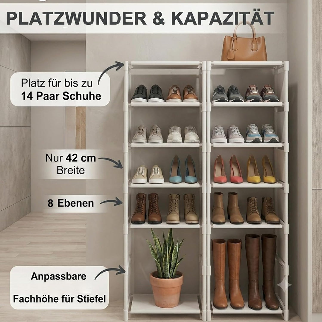 8 Ebenen Schuhregal Schmal Weiss, Platzsparendes DIY Regalsystem für Kleiderschrank & Büro, Hoch Sch