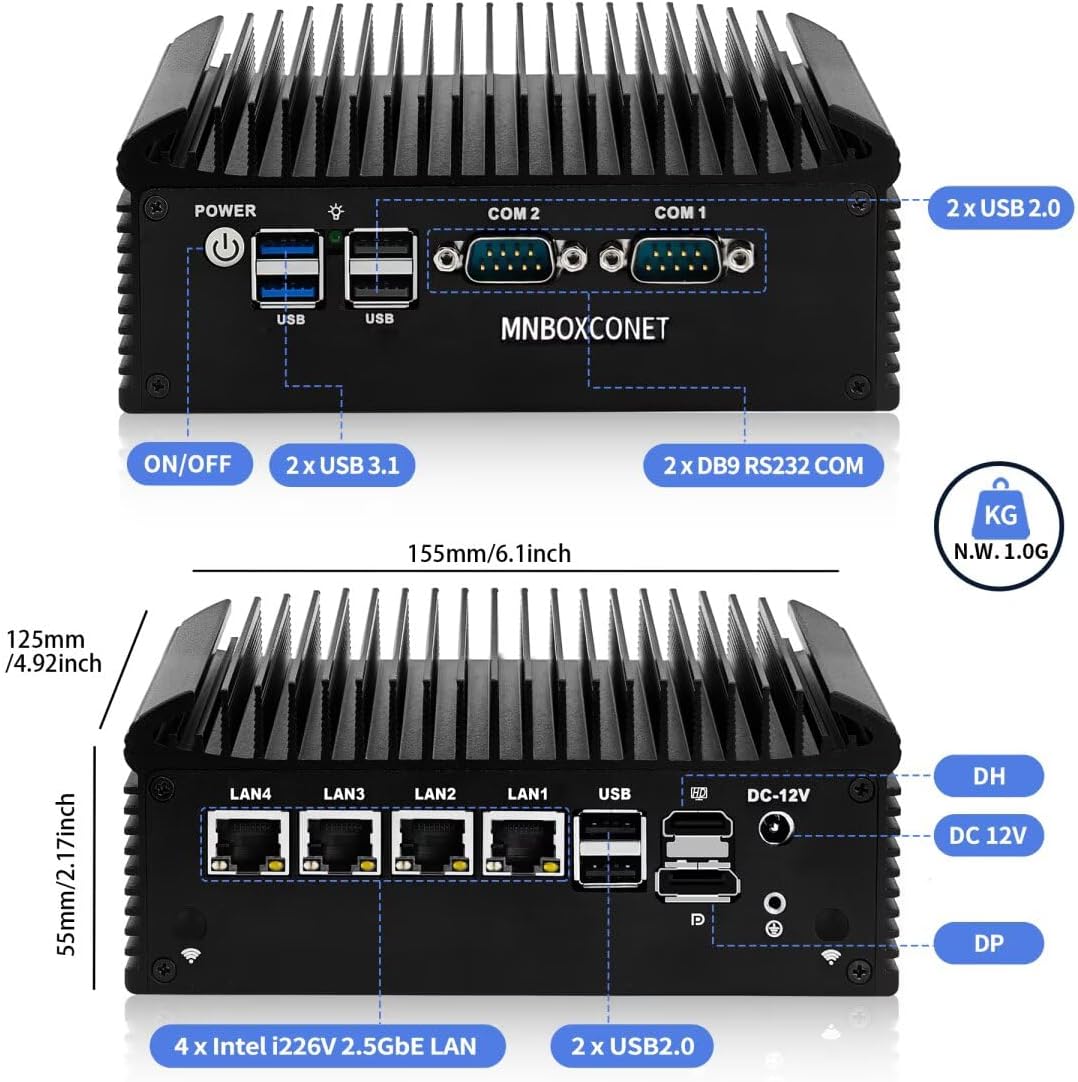 Lüfterlos Mini PC N150 Firewall Appliance Industrial Micro Büro, 4 x 2.5Gbit LAN + 2 RS232 Com, 8GB
