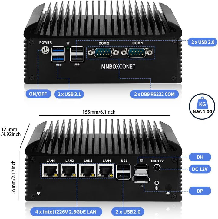 Lüfterlos Mini PC N150 Firewall Appliance Industrial Micro Büro, 4 x 2.5Gbit LAN + 2 RS232 Com, 8GB