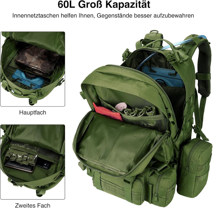 Taktischer Rucksack, 60L Militär Armee Rucksack, grosser Survival Molle Tagesrucksack für Herren und