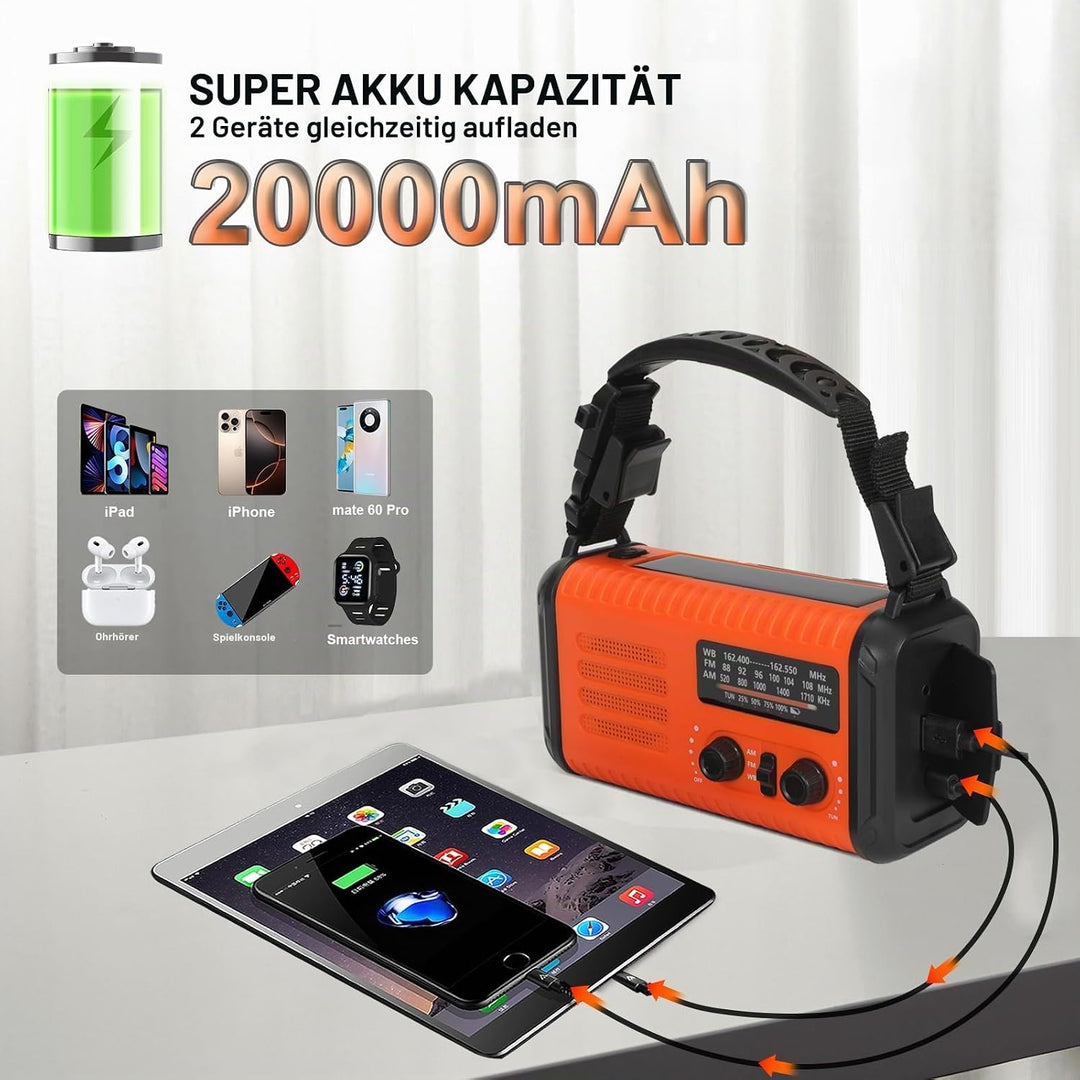 20000mAh Notfallradio, Solar-Hand Kurbelradio AM/FM-Wetterradio, batteriebetrieben mit Handy-Ladeger