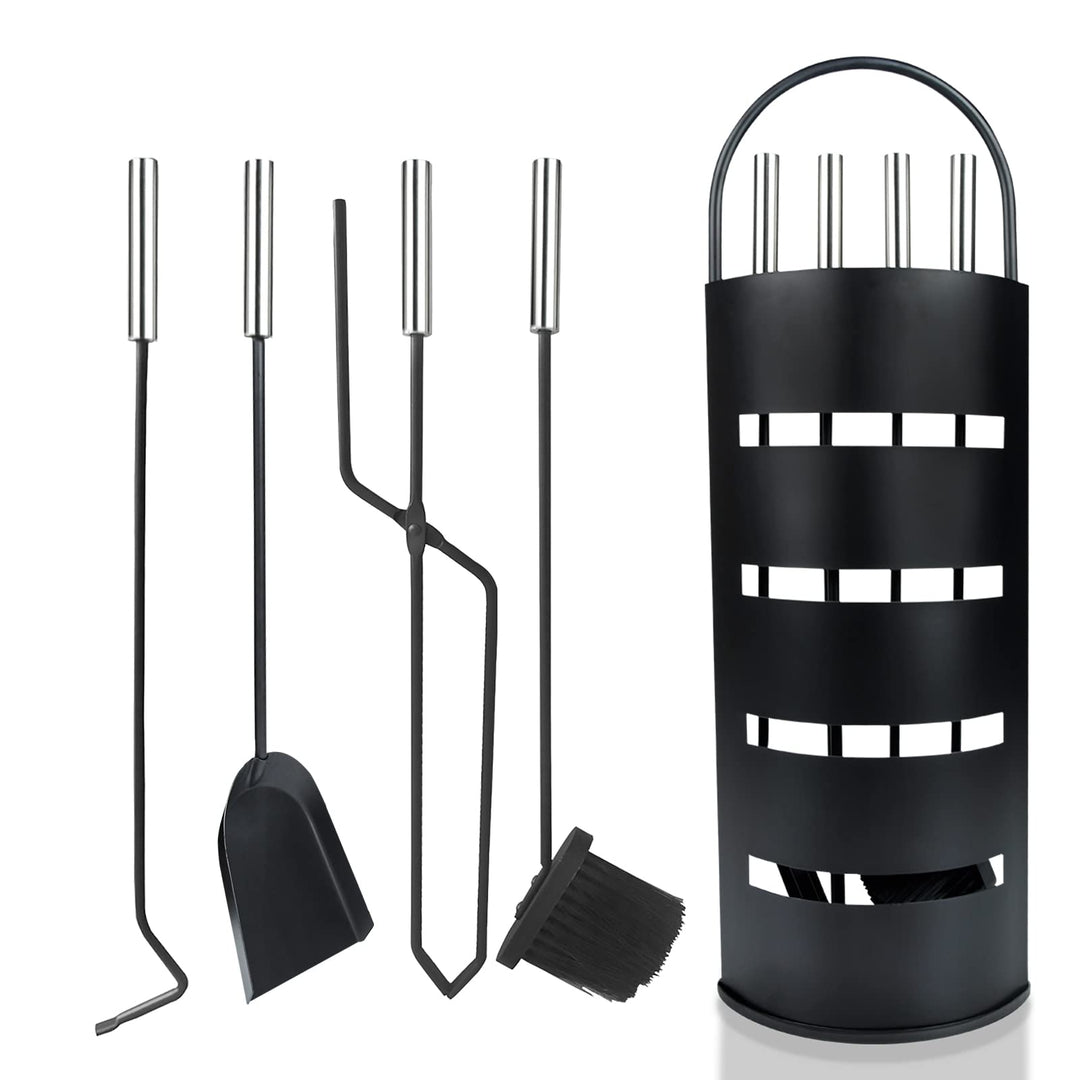 Aufun Kaminbesteck Edelstahl 5-teilig Modern Kamin Zubehör Set Kamingarnitur inkl. Besen, Schaufel,