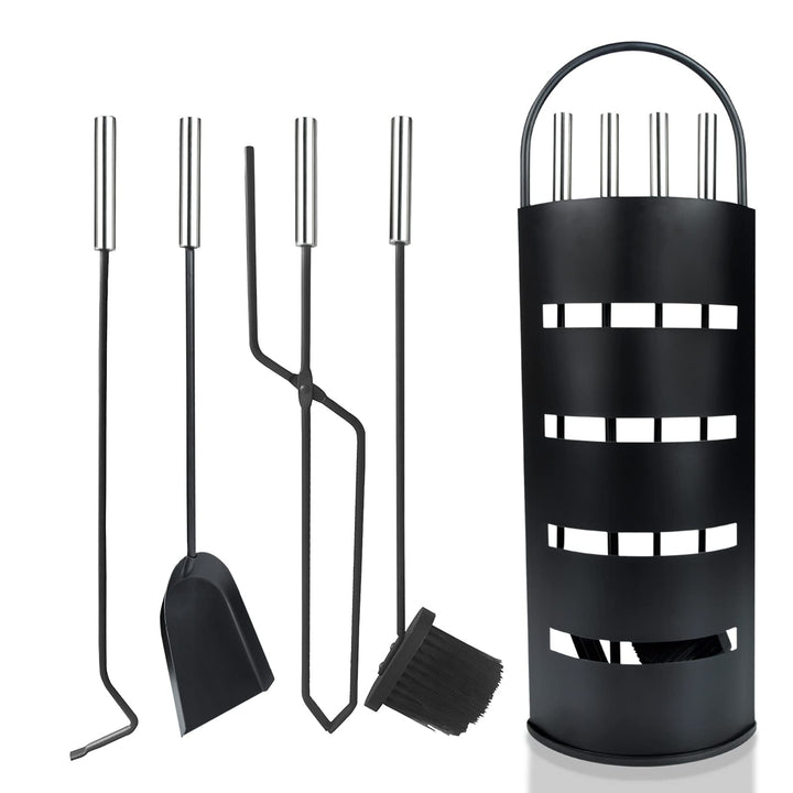 Aufun Kaminbesteck Edelstahl 5-teilig Modern Kamin Zubehör Set Kamingarnitur inkl. Besen, Schaufel,