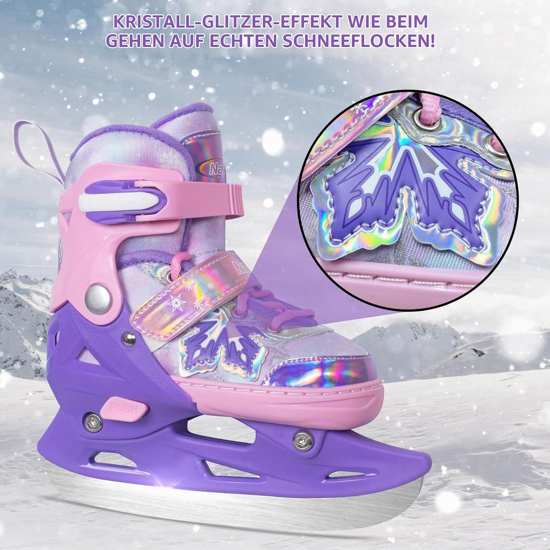 Nattork verstellbare Kinder Eisrutschen - 4 Grösse Schneeflocken Spitze-Up Skates mit warmem Plüsch