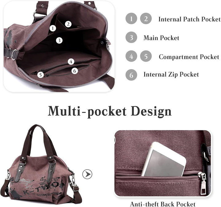 PORRASSO Casual Schultertasche Damen Umhängetasche Grosse Handtasche Frauen Segeltuch Henkeltasche H